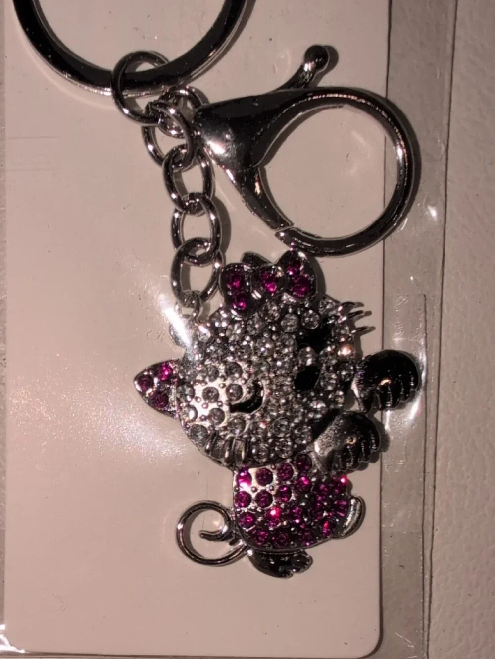 Silver and Pink Crystal Kitty Keychain